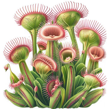 Closeup illustration of a cluster of venus flytrap plants with open traps isolated on transparent background
