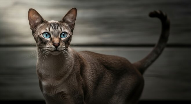Alert siamese cat with striking green eyes and distinct markings gazes intently forward - Powered by Adobe