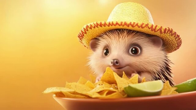 Adorable hedgehog wearing sombrero sitting amidst nacho chips and lime. Cinco de Mayo, Battle of Puebla Day, Mexican Heritage Festival - Latin American Cultural Celebration