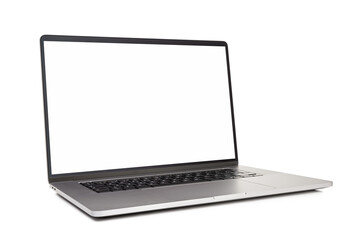 Modern laptop with blank white screen isolated on white background. Template mock up