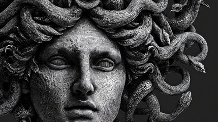 Close-up of a sculpted Medusa head. Ancient, mythical, stone-like texture. Detailed face, snakes. Dark background