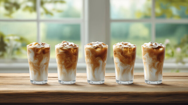 Refreshing iced coffees with creamy swirls on a wooden table