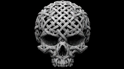 A stylized skull, intricately woven with interwoven, organic patterns