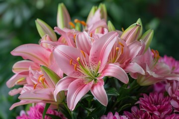 Fototapeta premium Pink lilies blooming beautifully in a floral bouquet arrangement, creating a vibrant and captivating display
