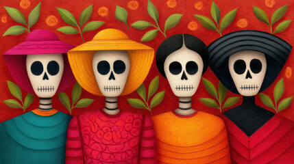 Fototapeta premium Four colorful skeletons wear traditional hats, surrounded by vibrant foliage against a red background, celebrating life and culture.