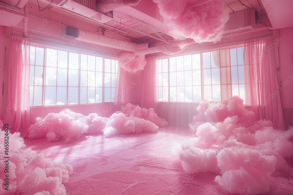 Poster pink room with fluffy clouds floating around, creating a surreal and dreamy atmosphere with sunlight