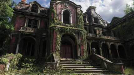 Obraz premium An overgrown, abandoned mansion with intricate architecture, surrounded by lush greenery and vines, showcasing a haunting yet captivating beauty.