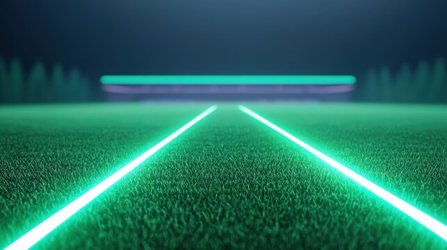 neon sports Soccer Field Vibrant neon green soccer field lines glowing on a dark pitch, futuristic stadium in the background, dramatic lighting emphasizes the field markings