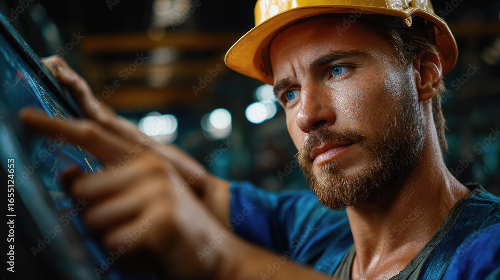 Poster engineer using technology for predictive maintenance in workshop, focused and determined expression,