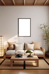 Minimalist Japanese Living Room Interior with Sofa Coffee Table Bonsai Plant and Blank Picture Frame