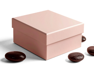 Mockup caixa tons de rosa envelhecido, fundo transparente com sobras preservadas, pedras pretas ao redor da caixa. .