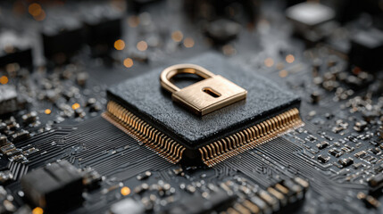 Secure technology concept featuring padlock on microchip, symbolizing data protection and cybersecurity
