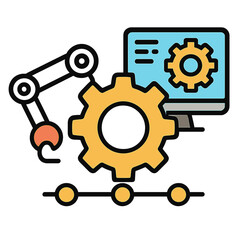 Obraz premium Industrial robotic arm and computer with gear icon in flat design 