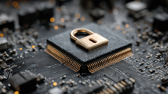 Secure technology concept featuring padlock on microchip, symbolizing data protection and cybersecurity