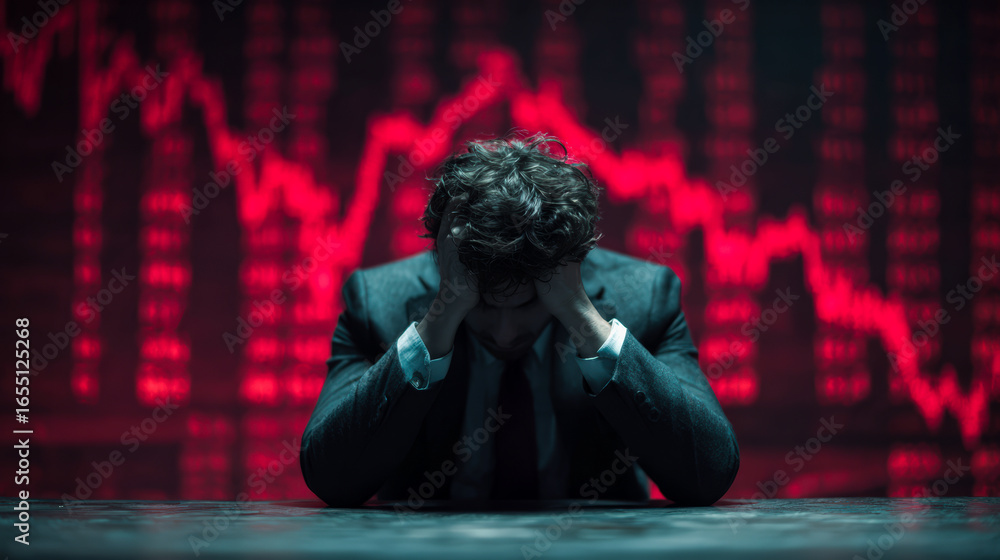 Poster stressed stock trader experiences anxiety over market decline, with red graphs in background symboli