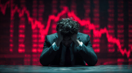 Stressed stock trader experiences anxiety over market decline, with red graphs in background symbolizing financial loss and uncertainty