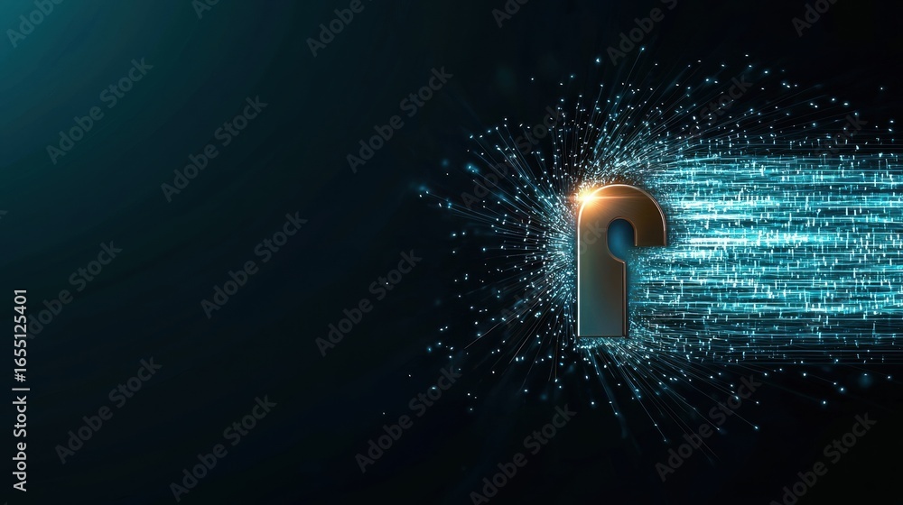 Poster security risk data data stream flowing through a network with a security breach, dark background, re