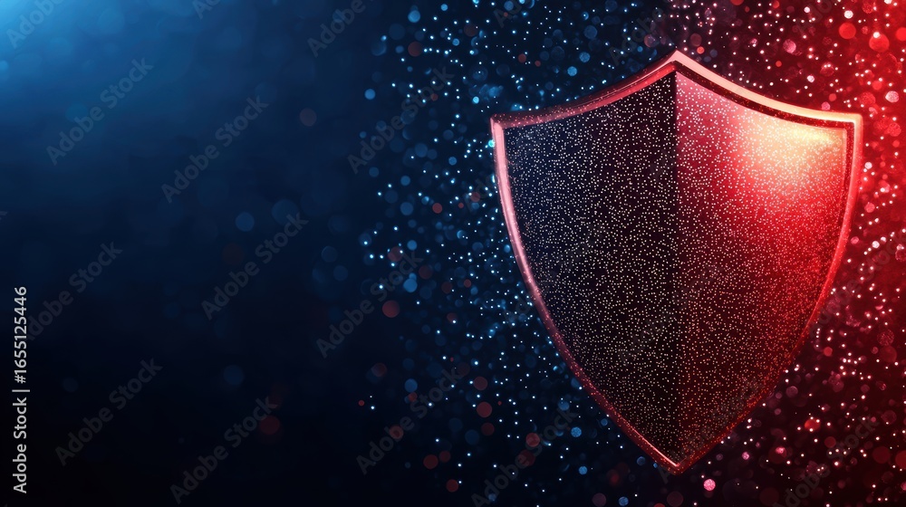 Poster security risk protection shield icon protecting data streams, digital background, represents cyberse