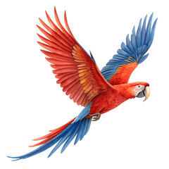 Fototapeta premium A scarlet macaw flapping its wings in flight - isolated on a white background.PNG