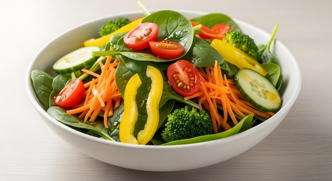 Healthy vegetable salad with spinach, tomatoes, cucumber, bell peppers, and broccoli