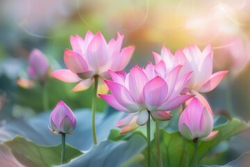 Obraz premium Pink lotus flowers are blooming in a pond, creating a serene and beautiful scene with sun flare