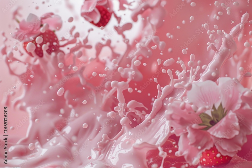 Poster strawberries and flowers making a splash in pink liquid, creating a dynamic and visually appealing s