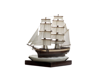 Tall ship model with white sails isolated on a transparent background