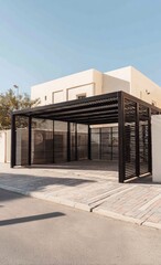Modern carport attached to light beige house