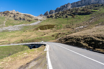 Famous road to the Klausen Pass in Switzerland. The road is popular with motorcyclists and...