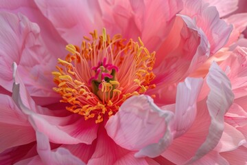 Close up of a pink peony blossom revealing intricate details of its reproductive structures and soft petals