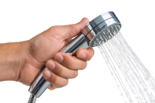 Male hand holding shower head with running water