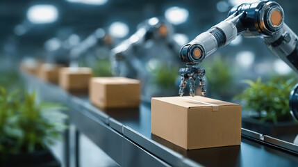 Automated robotic arm handling cardboard boxes in modern warehouse, showcasing efficiency and innovation in logistics and packaging