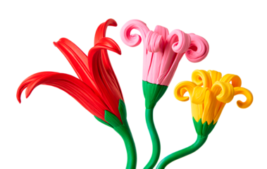 Creative plasticine flowers in red, pink, and yellow with curly petals. Artistic handmade floral modeling.