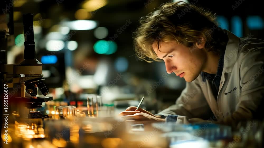 Poster young scientist in lab coat works in a lab setting near a microscope and various vials