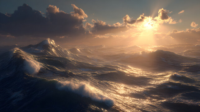 Golden sunlight breaks through stormy clouds over ocean waves at sunset - Powered by Adobe