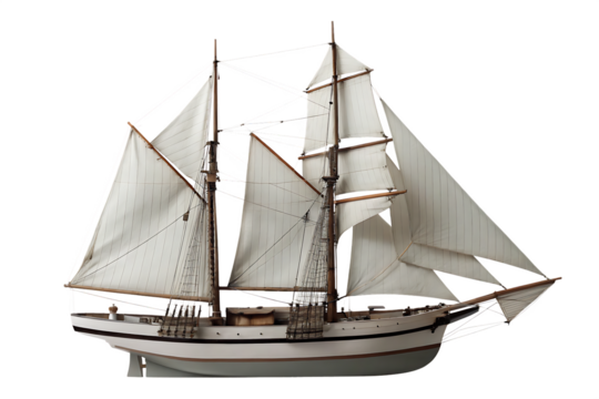 Tall ship with white sails isolated on a transparent background