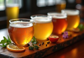 artisan beer flight featuring colorful garnishes craft brewery tasting experience rich textures refreshing flavor explosion, culture, selection, draught, ale