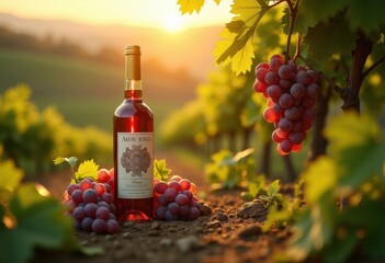 Fototapeta premium artisan wine bottle surrounded lush cascading grape vines picturesque vineyard setting, tasting, glass, barrel, liquid, red, white, cluster, basket