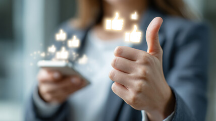 Woman showing thumbs up with glowing background