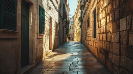 Obraz premium A narrow, sunlit alleyway lined with historic stone buildings, showcasing vibrant green shutters and reflective cobblestones.
