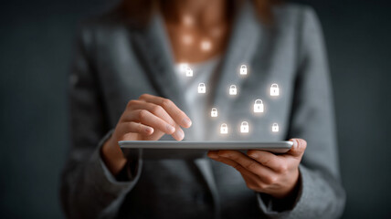 Woman interacting with floating glowing data particles