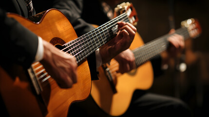 Obraz premium Guitarists playing classical guitars, close-up