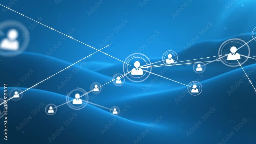 Poster global network connection - abstract blue background featuring a network of interconnected white pro