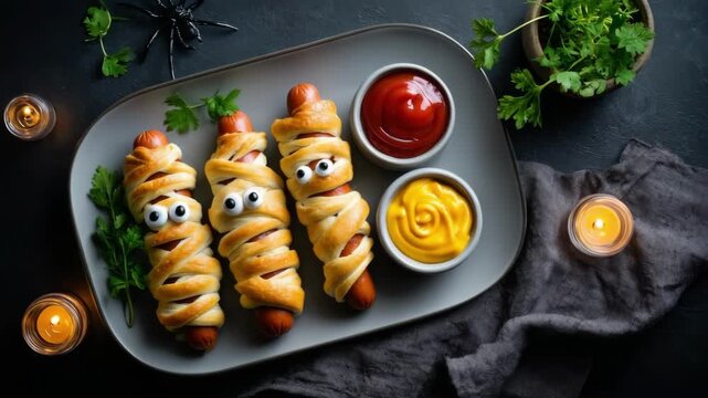 Mummy dog sausages with googly eyes for Halloween party food. Spooky and fun appetizers for trick or treat celebration.