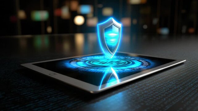 Digital Security Shield Icon Above Tablet With Binary Code Modern Design