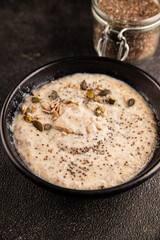 Chia pudding fruit puree tasty snack fresh delicious gourmet food background on the table rustic food top view copy space keto and paleo diet vegan and vegetarian food