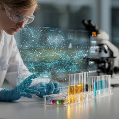  Scientist using a holographic AI diagnostic interface in a clean lab, with test tubes and a microscope, symbolizing advanced digital healthcare.
