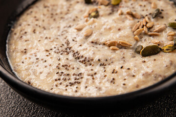 Chia pudding fruit puree tasty snack fresh delicious gourmet food background on the table rustic food top view copy space keto and paleo diet vegan and vegetarian food