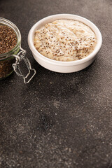 Chia pudding fruit puree tasty snack fresh delicious gourmet food background on the table rustic food top view copy space keto and paleo diet vegan and vegetarian food