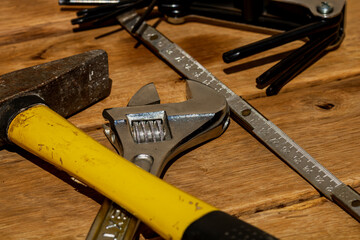 Tools for repair and building. Instruments for contractors on wooden table